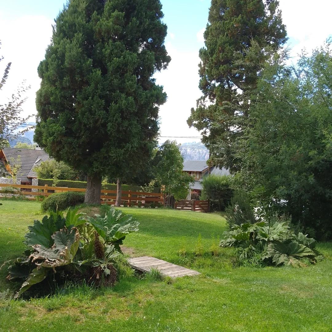 Parque con cipreses y una pasarela de madera sobre el verde