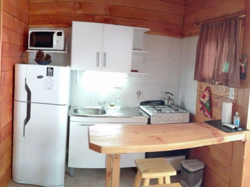 Cocina equipada con heladera, microondas y barra de madera